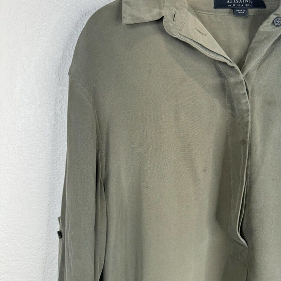 AllSaints Alex Shirt Dress Size US 4 Olive Green Long Sleeve Button Front Silk - Picture 2 of 15